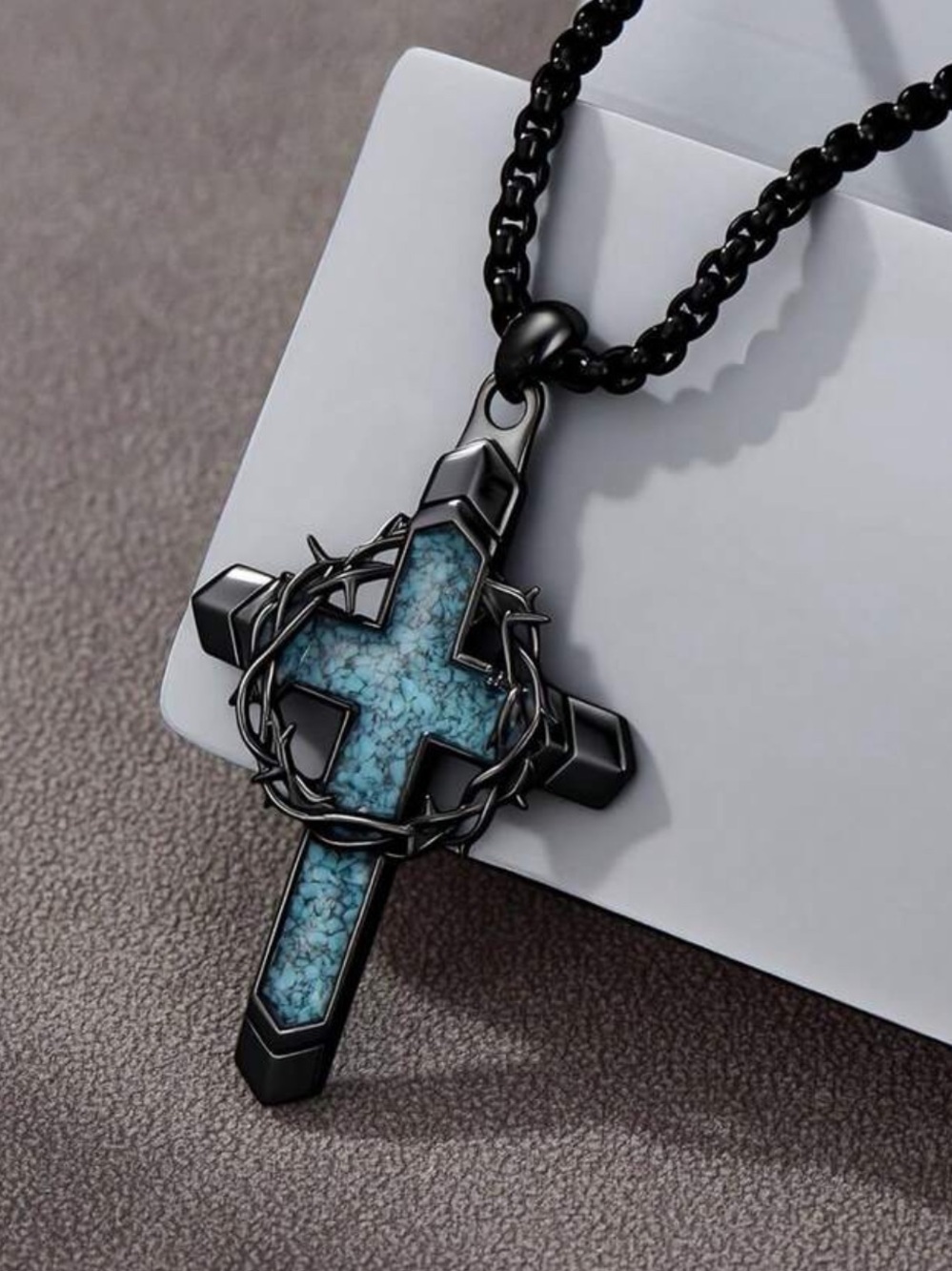 Thorn Wrapped Cross Faux Turquoise Necklace with PRINT of inlay turquoise stone